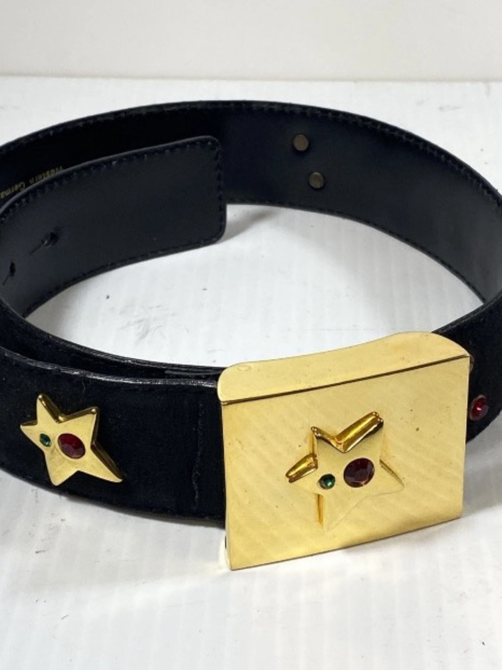 Escada Black Leather Belt with Gold Star Buckle and Gem Accents